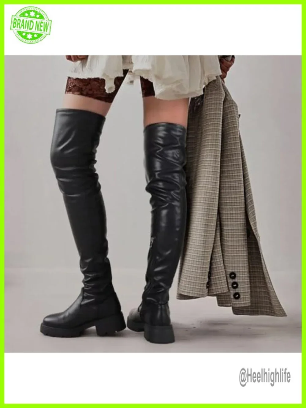 Over the Knee Chunky Heel Boots Faux Leather Stretch Thigh High Slip On